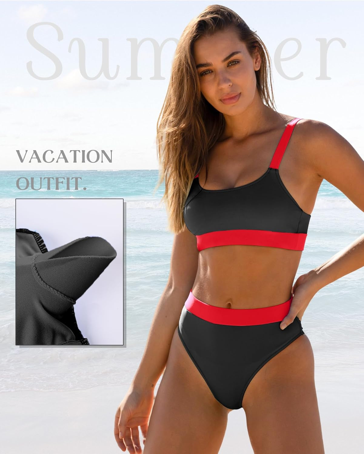 Women High Waisted Bikini Set Sports Color Block Swimsuit Scoop Neck Cheeky Bathing Suit